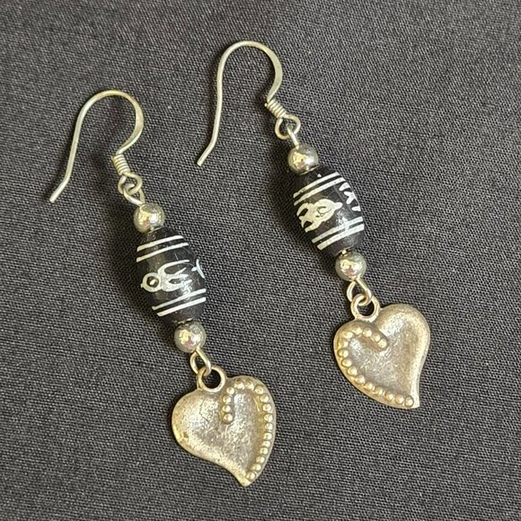 Boho Earrings Black & Silver Beaded Dzi Style with Gold Heart Dangle Accents - Picture 2 of 6